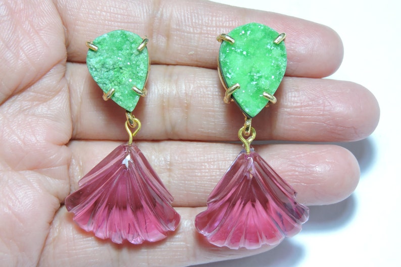 25/% OFF Earrings Pink Quartz Carved Shell With Druzy Stud Designer Earrings Gemstone Earrings Gift