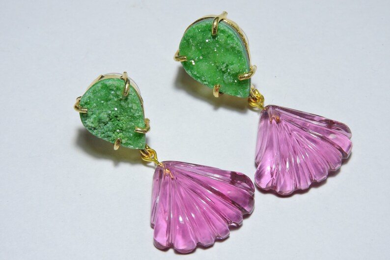 25/% OFF Earrings Pink Quartz Carved Shell With Druzy Stud Designer Earrings Gemstone Earrings Gift