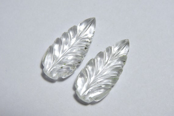 2 Pieces 1 Matched Pair Natural Rock Crystal Quartz Hand Carved Leaves Loose Gemstone Size 25X12 MM/Carved Leaves For Jewellery.