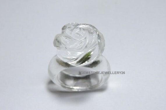 1 Piece Natural Rock Crystal Quartz Carved Rose Shaped Ring Full