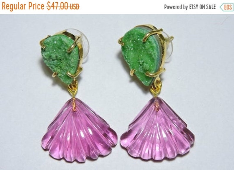 25/% OFF Earrings Pink Quartz Carved Shell With Druzy Stud Designer Earrings Gemstone Earrings Gift