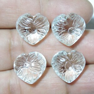 4 Pieces Natural Himalayan Rock Crystal Quartz Both Side Carved Heart/ Carved Crystal Heart / Carved Jewelry / Size 15X15 MM
