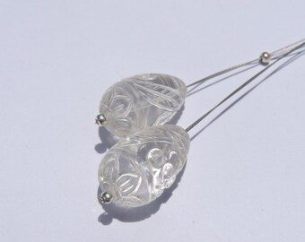 2 Pcs Matched Pair Beautiful Top To Bottom Drilled Natural Rock Crystal Quartz Mughal Carved Drops Briolettes Size 19X11 MM