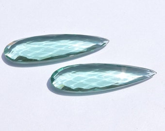 2 Pcs Matched Pair Beautiful Sage Green Quartz Faceted Long Pear Shaped Loose Gemstone Size - 45X12 MM