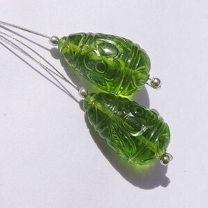 2 Pcs Matched Pair Outrageous Top To Bottom Drilled Peridot Green Quartz Mughal Carved Drops Size 19X12 MM image 2