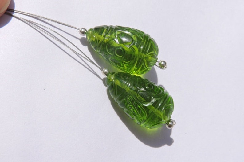 2 Pcs Matched Pair Outrageous Top To Bottom Drilled Peridot Green Quartz Mughal Carved Drops Size 19X12 MM image 2