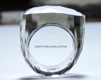 1 Piece Natural Rock Crystal Quartz Full Faceted Ring Oval Shaped From The Top/ Gemstone Made Ring/ Unique Ring