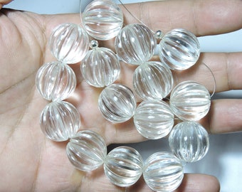 15 Pieces Natural Rock Crystal Quartz Carved Melon Beads / Natural Crystal Carved Melon / Carved Crystal Jewellery / Size 20X20 MM