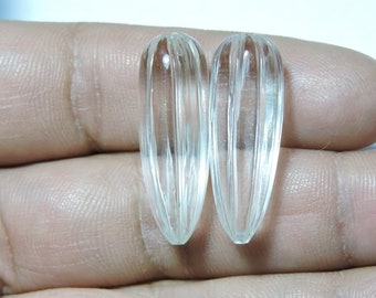 2 Pieces Natural Rock Crystal Quartz Straight Carved Drops Size 30X10 MM