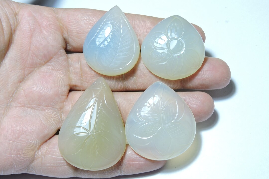 4 Pieces Natural White Chalcedony Carved Heart and Pear Shaped Loose ...