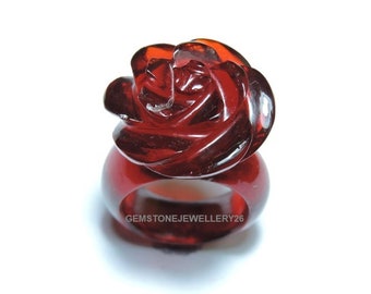 1 Piece Attractive Red Quartz Hand Carved Rose Flower Shaped Single Gemstone Made Ring/ Love Ring/Red Carved Gemstone Ring/Jewellery.
