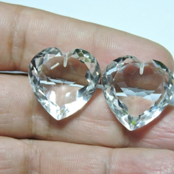 2 Pieces Very Beautiful Natural Rock Crystal Faceted Heart Shape Gemstone Size 22X22 MM /Top Half Drill Gemstone/Heart Shape.