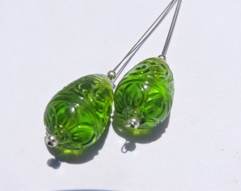 2 Pcs Matched Pair Outrageous Top To Bottom Drilled Peridot Green Quartz Mughal Carved Drops Size 19X12 MM