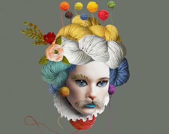 May include: A whimsical portrait of a person with a colorful yarn crown, a white collar, and a cat-like mustache. The yarn crown is made of various colors of yarn, including red, orange, yellow, green, blue, and purple.