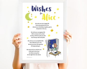 Personalised child's poem, Wishes for a Child poem print, unique personalised child's birthday gift or baby gift for baby boy or baby girl