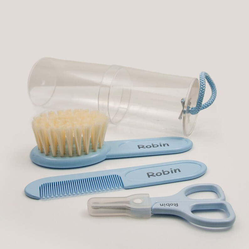 Brush and Scissors with Name Blue Set Comb