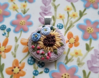 Handmade Embroidery Pendant Necklace - Floral Bouquet - Vintage Cottage Garden - Cottagecore
