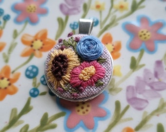 Handmade Embroidery Pendant Necklace - Floral Bouquet - Vintage Cottage Garden - Cottagecore