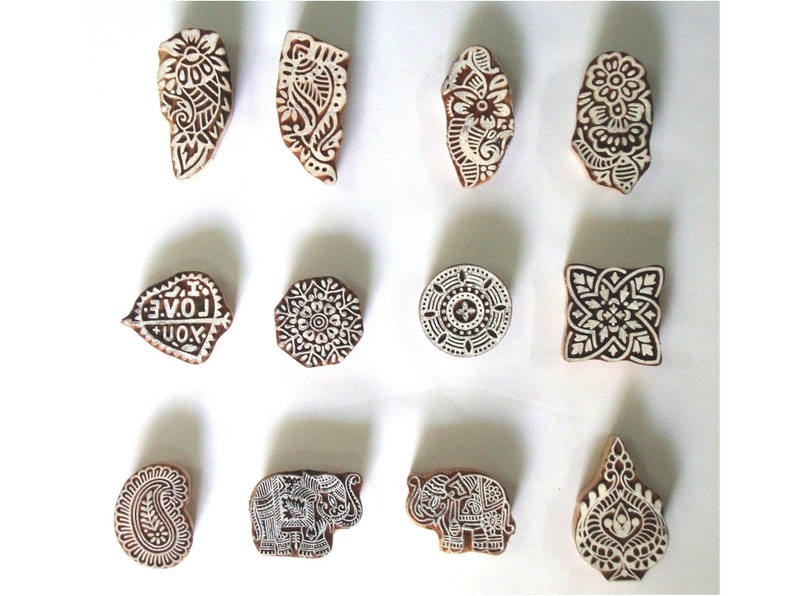 Paper Stamping Craft Pottery 12 Pieces Assorted Blocks Indian Wood Printing Stamps Fabric Block Printing Textile