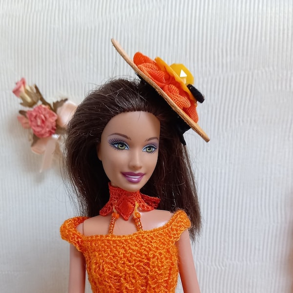 Ensemble poupée Barbie avec chapeau/tenue longue orange pour poupée Barbie/chapeau Barbie/jupe longue Barbie/haut fil de coton Barbie