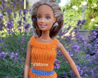 Short et haut poupée Barbie/short jean Barbie/haut orange Barbie/ensemble été Barbie/mode été Barbie/vêtement Barbie/modèle unique fait main