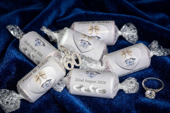 Personalised Diamond Wedding Anniversary Favours | 60th Wedding Love Heart Sweets with Custom Names and Date | Thank You Gift for Guests V1