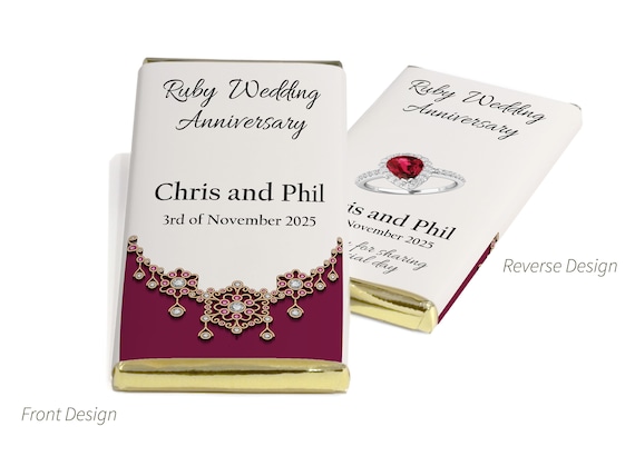 Ruby Wedding Anniversary Chocolate Bars - Personalised Favours - 80g Milk Chocolate Bars in Gold & Silver Foils - V1