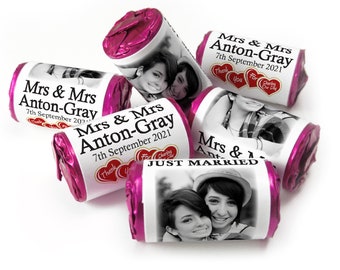 Wedding Sweets - Personalised Wedding Favours - Love Heart Sweets with Inner Foil choices, Mrs & Mrs with image - V3