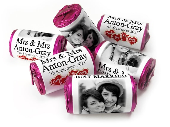 Wedding Sweets - Personalised Wedding Favours - Love Heart Sweets with Inner Foil choices, Mrs & Mrs with image - V3