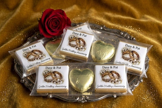 Golden Wedding Anniversary Trio Favors | Personalised 50th Celebration Chocolate Gifts | Custom Golden Hearts & Squares Treats V4