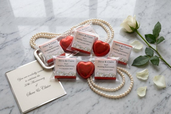 Pearl Wedding Anniversary Trio Pack Favours | Personalised 30th Chocolate Squares & Hearts for Guests | Custom Keepsake Gifts V1