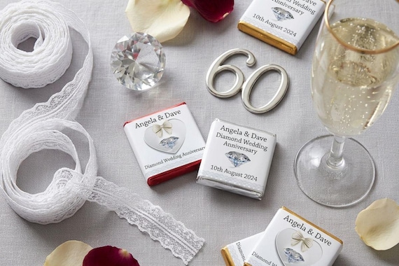 60th Diamond Wedding Anniversary Favours | Personalised Chocolate Squares Guest Gifts | Custom Neapolitan Sweets V1