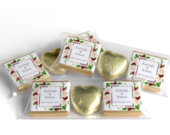 2 Choc Heart Trio Floral Wedding Chocolates - Personalised Favours - Neapolitan Chocolates - V1