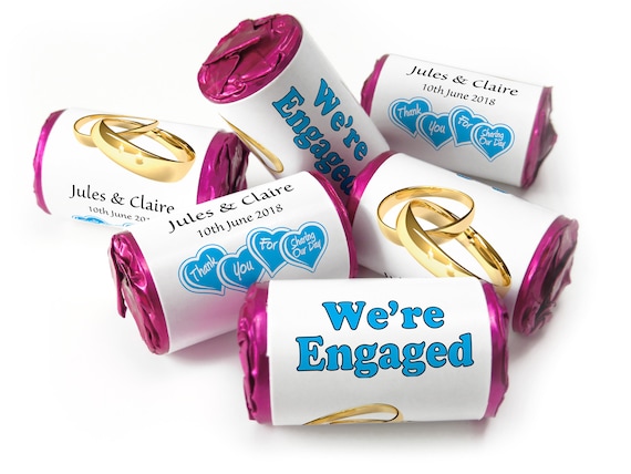 Engaged Sweets - Personalised Engagement Favours - Love Heart Sweets with Inner Foil choices-  Gold Rings / Blue Text - V0