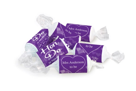 Hen Sweets - Personalised Favours - Love Heart Sweets, Mrs to be - Clear ends - V1 Purple