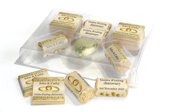 Golden Wedding Anniversary Large Combo Box - Personalised Favours - Neapolitan Chocolates/Heart/Love Hearts - V2