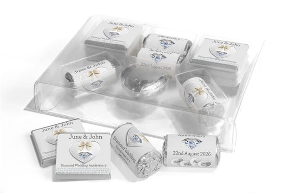 Diamond Wedding Anniversary Large Combo Box - Personalised Favours - Neapolitan Chocolates/Heart/Love Hearts - V0