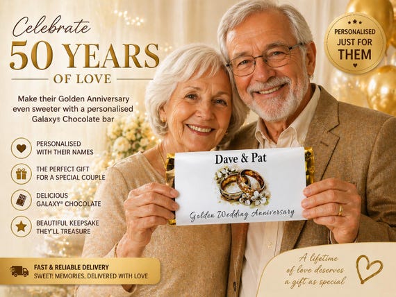 Golden Wedding Anniversary Galaxy Chocolate Bars - Personalised Favours - 100g Milk Chocolate Bars V4