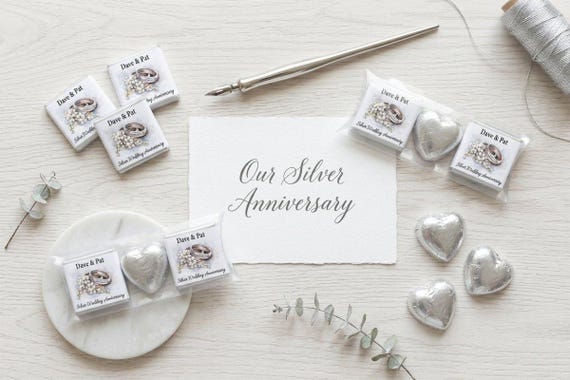 Silver Wedding Anniversary Personalised Trio Pack Chocolates | 25th Wedding Guest Favours | Custom Heart & Square Treats for Celebrations V4