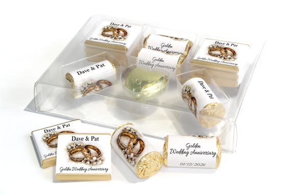 Golden Wedding Anniversary Large Combo Box - Personalised Favours - Neapolitan Chocolates/Heart/Love Hearts - V4