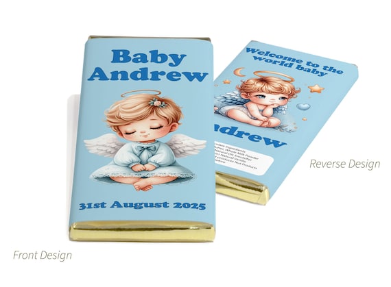 Baby Shower Chocolate Bars - Personalised Favours - 80g Milk Chocolate Bars in Gold & Silver Foils  - V6 Boy
