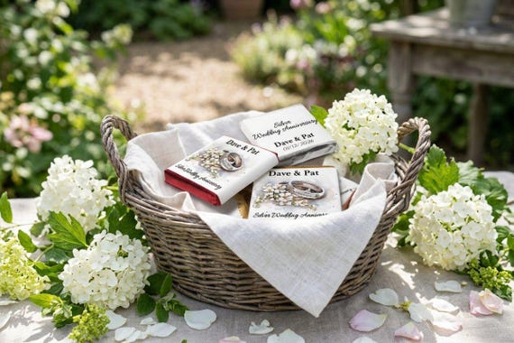 Personalised Silver Wedding Anniversary Favours | 25th Anniversary Chocolate Gifts for Guests | Custom Neapolitan Squares V4