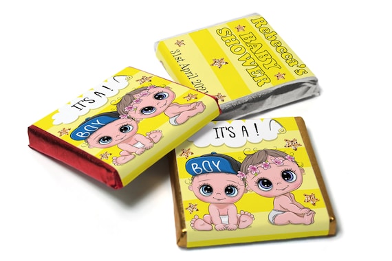 Baby Shower Favours - Milk Chocolate Neapolitan Squares with Personalised Labels, Boy or Girl, Party Bag Fillers, Yellow Reveal,  V5