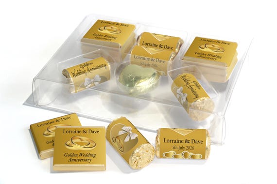 Golden Wedding Anniversary Large Combo Box - Personalised Favours - Neapolitan Chocolates/Heart/Love Hearts - V1