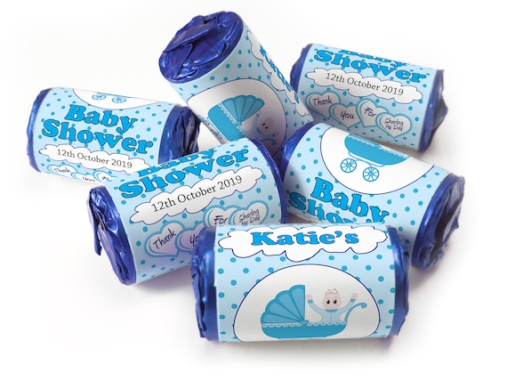 Baby Shower Sweets - Personalised Favours - Love Heart Sweets with Inner Foil choices, Spotty Blue - V2