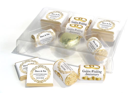 Golden Wedding Anniversary Large Combo Box - Personalised Favours - Neapolitan Chocolates/Heart/Love Hearts - V3