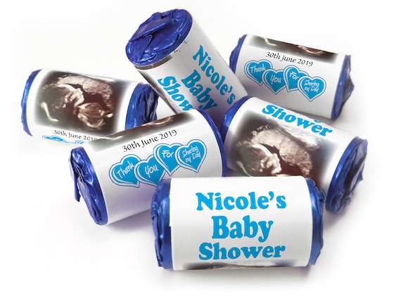 Baby Shower Sweets - Personalised Favours - Love Heart Sweets with Inner Foil choices, Blue Scan - V0