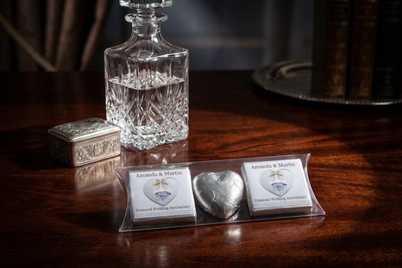 Diamond Wedding Anniversary Trio Pack Favours | Personalised 60th Anniversary Chocolates for Guests | Custom Heart Sweets V1