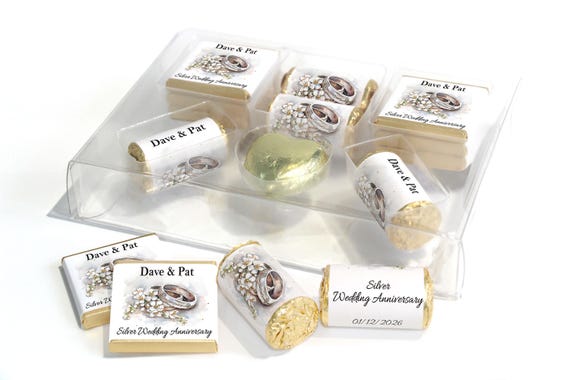Silver Wedding Anniversary Large Combo Box - Personalised Favours - Neapolitan Chocolates/Heart/Love Hearts - V4