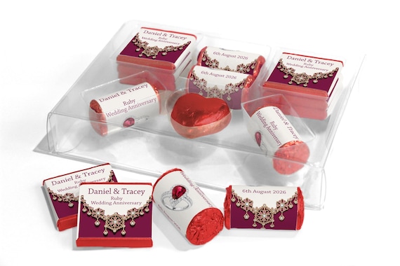 Ruby Wedding Anniversary Large Combo Box - Personalised Favours - Neapolitan Chocolates/Heart/Love Hearts - V1